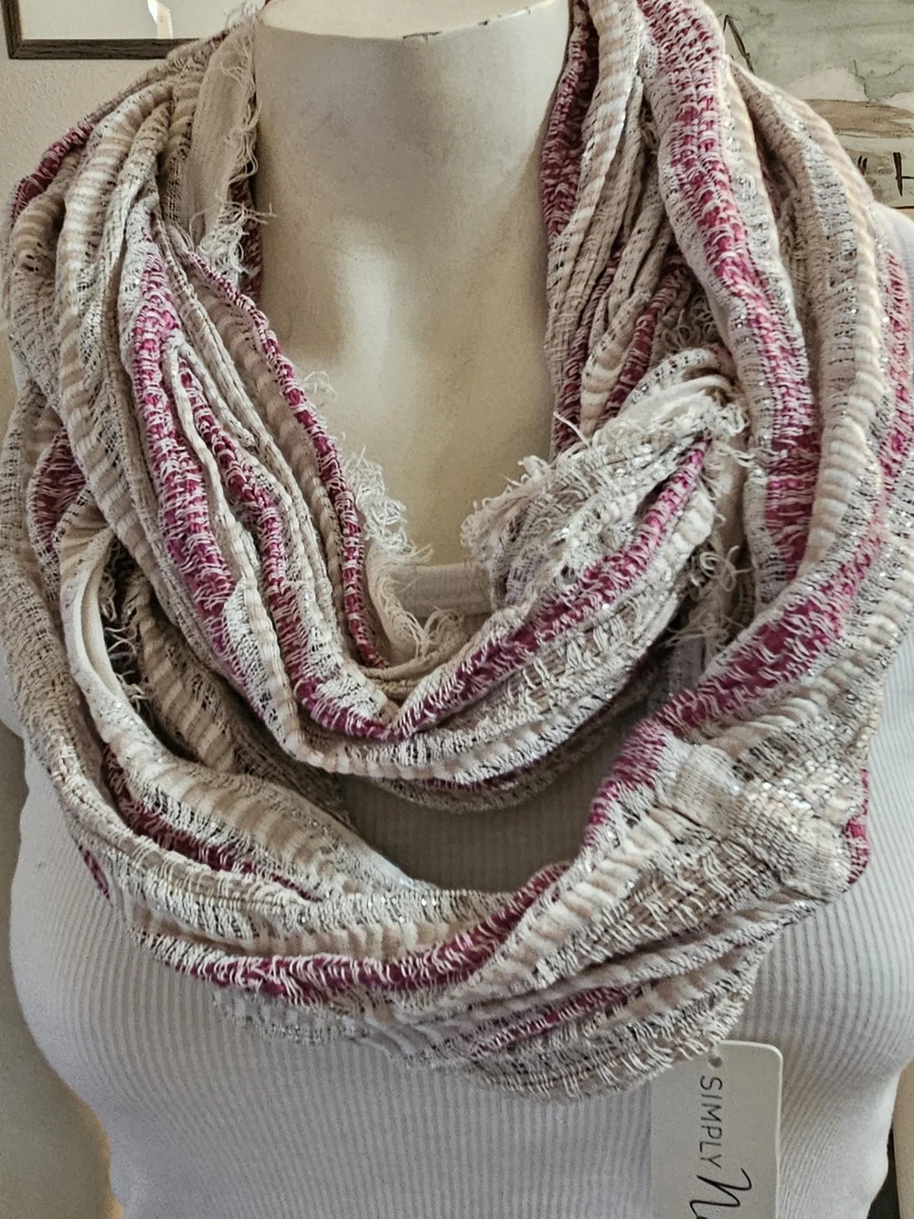 Simply Noelle Magenta and Cream Textured Infinity Scarf